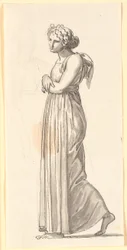 Walking Female Figure in Antique Dress, in Profile to the Left
