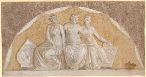 Semi-Circular Field with Three Round Female Figures, the Two Outer Ones with Shields Indicating They Represent Norway and Northern German Lands (Stormarn and Ditmarsken?). The Middle One Probably Symbolizes Denmark