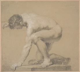 Half-Kneeling Model. Right Knee Supported on Cushion. Right Arm Raised Behind Head. Left Arm Supported