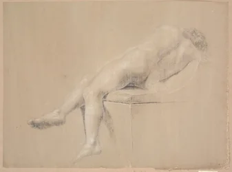 Half-Reclining Model on High Plinth with Pillow. Seen from the Back. Legs Hanging Over the Plinth