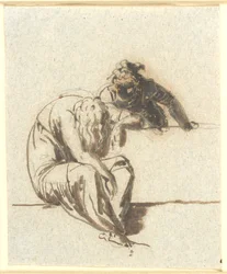 In the Foreground a Seated Bent Female Figure, Behind a Parapet Another Leans Forward Towards Her