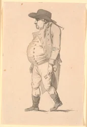 Caricature of a Pot-Bellied Man, Walking to the Left, with a Large Key in His Left Hand