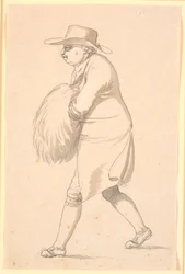 Caricature, Possibly of Professor Münter, Walking to the Left with Hands in a Muff