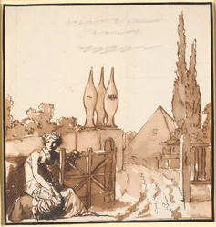 The Goal of Life. Allegorical Drawing. A Woman Opens the Gate to a Cemetery with a Metaphor and Pyramid