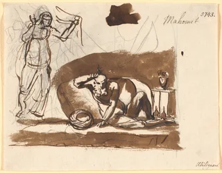 Muhammad, Sitting Among Cushions, with a Female Figure to the Left
