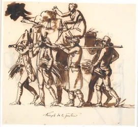 The Triumph of Justice. Six Men Carrying a Stretcher on Which the Female Figure of Justice Sits with Scales