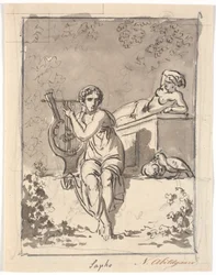 Sappho, Sitting with Her Lyre, with a Hermaphrodite Resting in the Background