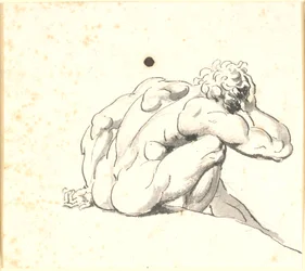 Seated Man Bent Forward, Seen from the Back with Right Hand to Head