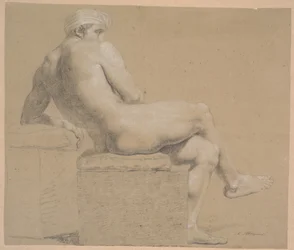 Seated Model with Headscarf. Sitting on Plinth with Pillow. Facing Right. Leaning Back Against a Higher Plinth, on Which the Left Arm Rests. Legs Crossed