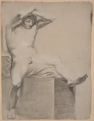 Seated Model on High Plinth with Cushion. Seen from the Front. Arms Raised and Crossed Over Head. Left Leg Extended and Slightly Bent