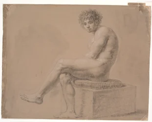 Seated Model on Low Plinth with Cushion. Left Leg Over Right