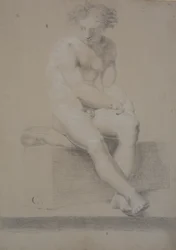 Seated Model on Plinth with Pillow. Hands Meeting Over Left Thigh. Feet Crossed