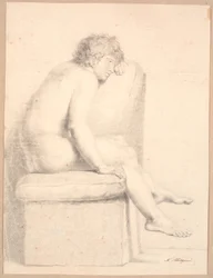 Seated Model on Plinth with Cushion. Profile to the Right. Head Supported by Left Arm. Legs Do Not Reach the Floor