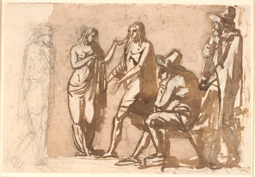 Three Gentlemen in 17th Century Costumes Observing a Young Classical Couple