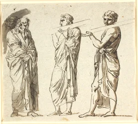 Three Standing Men, Two Younger Carrying a Plank on Their Shoulders, the Third Older in a Thoughtful Position