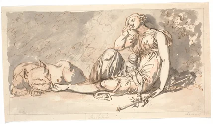 Draft for a Door Piece. Sleep, a Reclining Female Figure with a Small Child and a Lion at Her Right Side