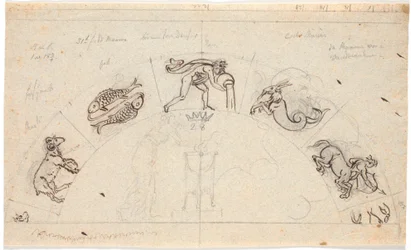 Draft for a relief of a semicircular field; in the middle a woman offering at a tripod, around are some zodiac signs