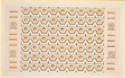 Draft for a Ceiling with Hexagonal Coffers and Rosettes in Yellow and Violet