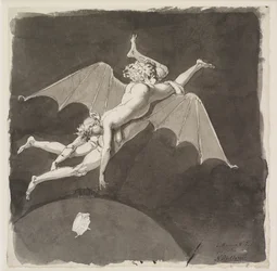 Catherine the Great, naked, flying away from the Earth on the Back of a Man with Bat Wings, 18th century