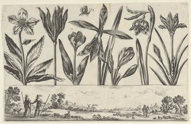 Horizontal Panel with a Row of Flowers Above a Frieze with Figures in a Landscape