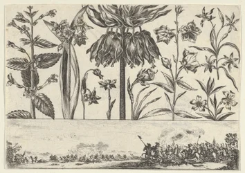 Horizontal Panel with a Row of Flowers Above a Frieze with a Battle Scene in a Landscape