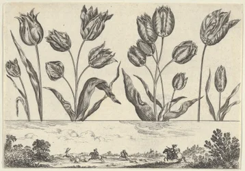 Horizontal Panel with a Row of Flowers Above a Frieze with a Hunting Scene in a Landscape