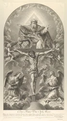 The Holy Trinity, Christ on the cross flanked by two angels, the Holy Spirit as a dove and...