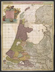Map of Holland, showing settlements, marshes, woodlands, hills, roads, rivers and other geographical features. Shows title in a decorative cartouche to the upper left with Fame, Neptune and Thetis accompanied by putti bearing the arms of the United Provinc