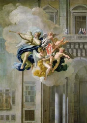 Fame bearing the coat of arms of the House of Harrach (detail)