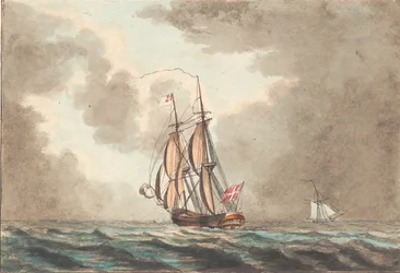 A Danish Brig Sailing in a Mist