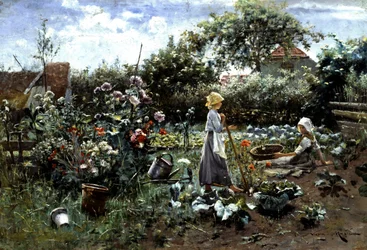 In the Vegetable Garden. Two young girls talk in a vegetable garden. One gardens and the other picks vegetables. Painting by Nikola Mašić (1852-1902), private collection