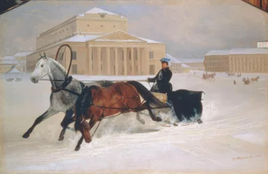 Horse-Drawn Sleigh in Front of the Bolshoi Theater in Moscow