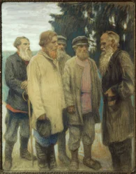 Leo Tolstoy with Peasants / Pastel by Bogdanov-Belsky