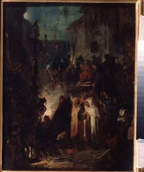 Autodafe. Street Scene at Night After Inquisition Tribunal Judgment