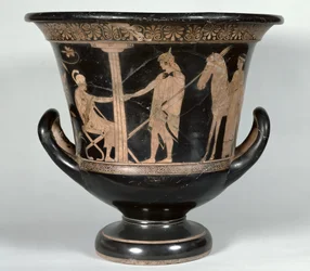 Attic Red-Figure Kalyx Krater Depicting a Hoplite Returning from the War