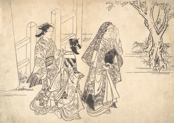 A Courtesan Followed by Two Girl Attendants