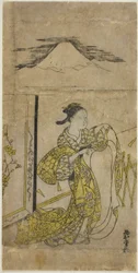 Woman Holding Kimono with Mt. Fuji above