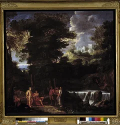 Marsyas playing flute before Apollo and Midas