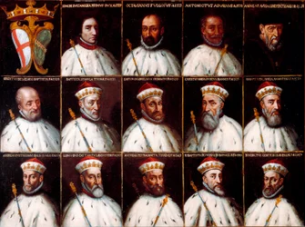Coat of Arms of the Republic of Genoa and Portraits of the Doges - Simone Boccanegra, Ottaviano Fregoso, Antoniotto II Adorno, Andrea Doria, Oberto Cattaneo Lazzari, Battista Spinola, Battista Lomellini, Cristoforo Grilaldi Rosso, Giovanni Battista Doria