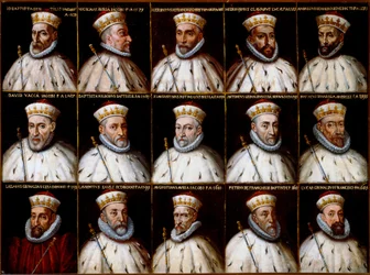 Coat of arms of the Republic of Genoa and portraits of the Doges. Gio. Battista Gentile Pignolo, Nicolò Doria, Gerolamo De Franchi Toso, Gerolamo Chiavari, Ambrogio Di Negro, Davide Vacca (or Vaccari), Battista Negrone, Gio Giustiniani Campi, Antonio Grima