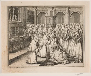 Bishop Hersleb anoints Queen Louise in Frederiksborg Castle Church. Illustration for Frederik IV