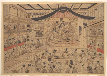 Perspective View (uki-e) of a Kabuki Theatre, with a Performance of The Crest Patterns of the Soga Brothers and Nagoya Sanza (Mon-zukushi Nagoya Soga)