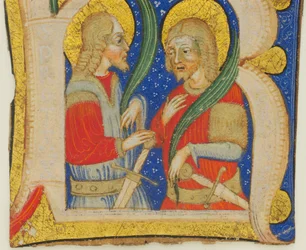 Manuscript Leaf Cutting Showing an Illuminated Initial R with St. Protasius and St. Gervasius, Mid-15th Century