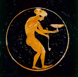 Athenian Red-Figure Cup with Naked Girl with Cup and Ladle Inside, 520 BC