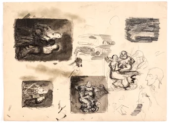 Sheet with Various Studies, Including "A Man Surprises a Woman" and "Diogenes Searching for an Honest Man"