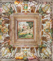 View of the ceiling of the Room of Adonis and the memorial stones of family members Rossi, Gonzaga, Riario and Medici, Rocca dei Rossi, San Secondo, Parma, Italy
