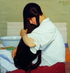 The white shirt or woman combing her hair