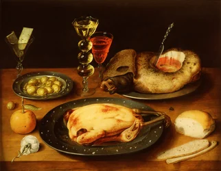 Roast Chicken, Ham and Olives on a Pewter Plate