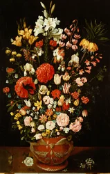 Tulips, Lilies, Irises, Roses, Carnations, Peonies and Other Flowers in a Sculpted Terracotta Urn