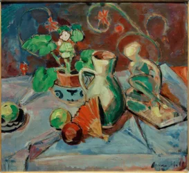 Still Life with White Jug, Sculpture, Fan, and Oranges